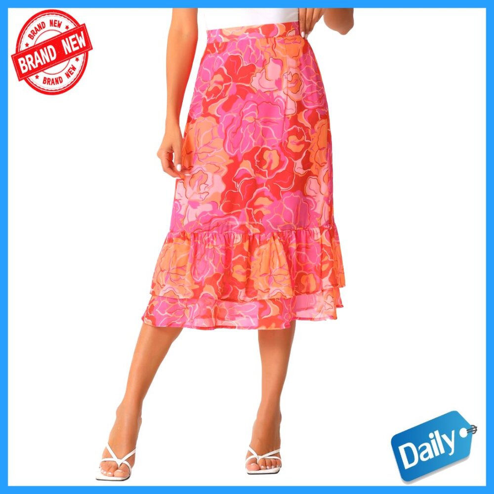 Floral Print Chiffon Midi Skirt High Waist Ruffle Tiered Flowy Summer
